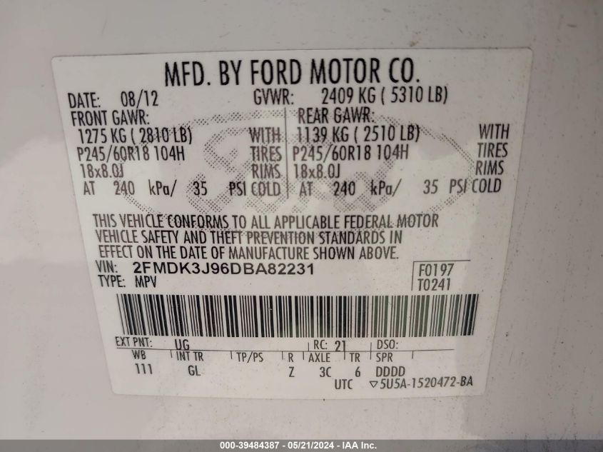 2013 Ford Edge Sel VIN: 2FMDK3J96DBA82231 Lot: 39484387