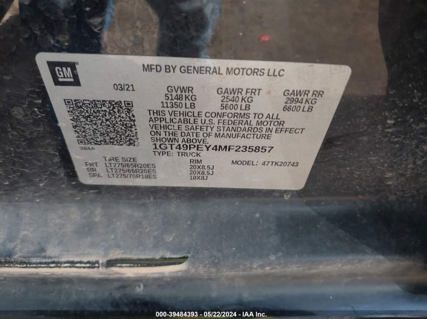2021 GMC Sierra 2500Hd 4Wd Standard Bed At4 VIN: 1GT49PEY4MF235857 Lot: 39484393