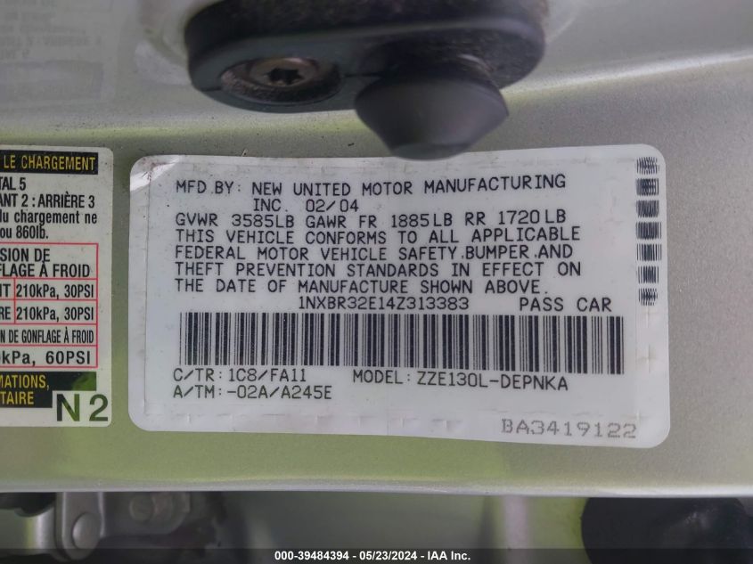 2004 Toyota Corolla Le VIN: 1NXBR32E14Z313383 Lot: 39484394