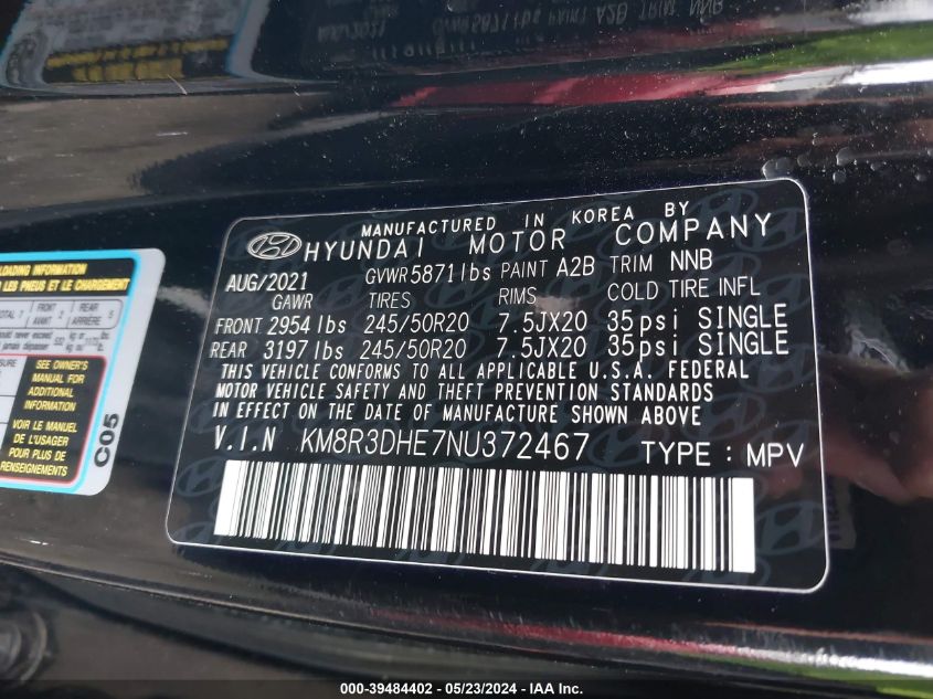 2022 Hyundai Palisade Sel VIN: KM8R3DHE7NU372467 Lot: 39484402