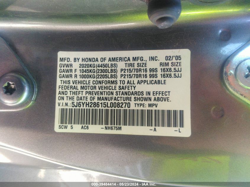 2005 Honda Element Ex VIN: 5J6YH28615L008270 Lot: 39484414