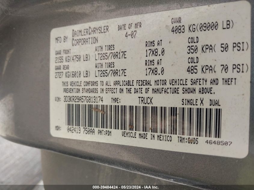 2007 Dodge Ram 2500 Laramie VIN: 3D3KR29A57G813174 Lot: 39484424