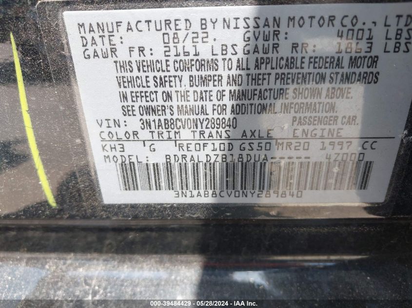 2022 Nissan Sentra Sv VIN: 3N1AB8CV0NY289840 Lot: 39484429