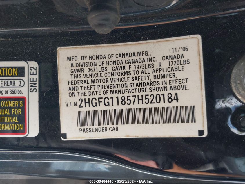 2007 Honda Civic Ex VIN: 2HGFG11857H520184 Lot: 39484440