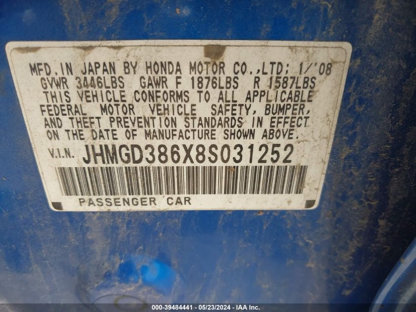 2008 Honda Fit Sport VIN: JHMGD386X8S031252 Lot: 39484441