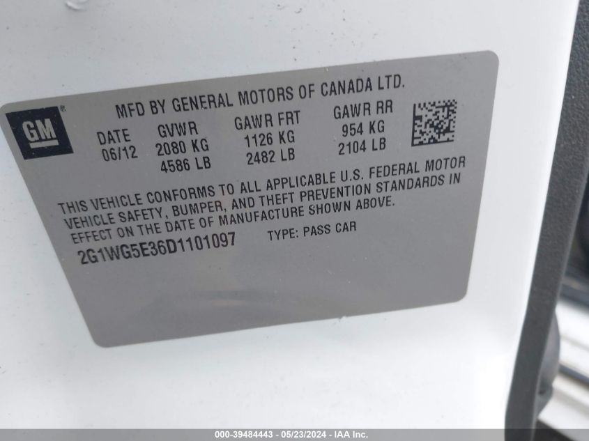 2013 Chevrolet Impala Lt VIN: 2G1WG5E36D1101097 Lot: 39484443