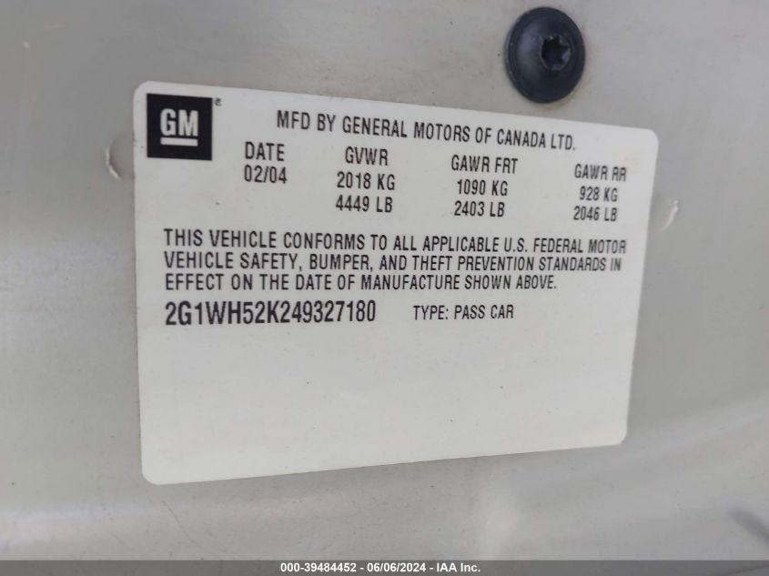 2004 Chevrolet Impala Ls VIN: 2G1WH52K249327180 Lot: 39484452