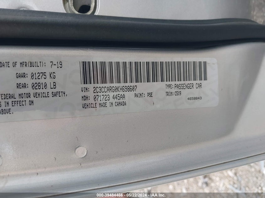 VIN 2C3CCARG0KH698607 2019 CHRYSLER 300 TOURING