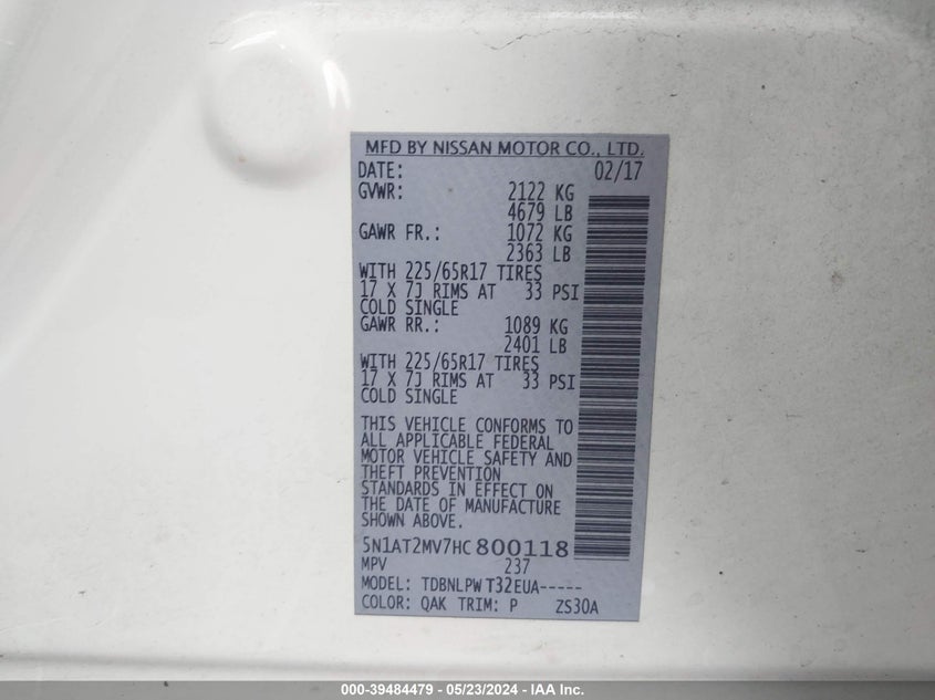 2017 Nissan Rogue S VIN: 5N1AT2MV7HC800118 Lot: 39484479