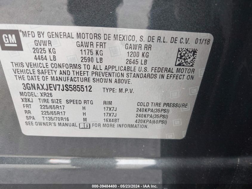 3GNAXJEV7JS585512 2018 Chevrolet Equinox Lt