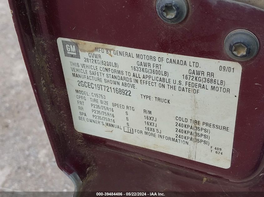 2002 Chevrolet Silverado 1500 Ls VIN: 2GCEC19T721168922 Lot: 39484486