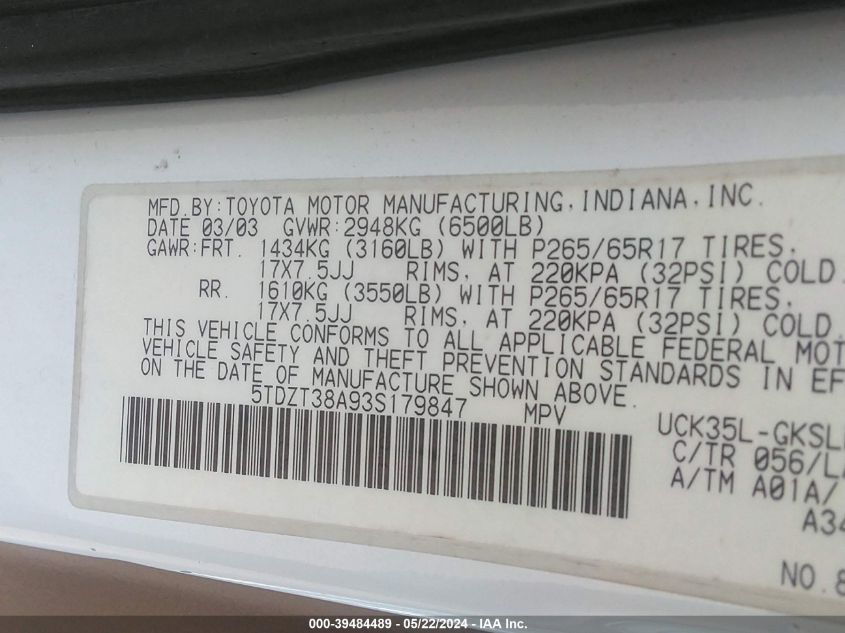 2003 Toyota Sequoia Limited V8 VIN: 5TDZT38A93S179847 Lot: 39484489