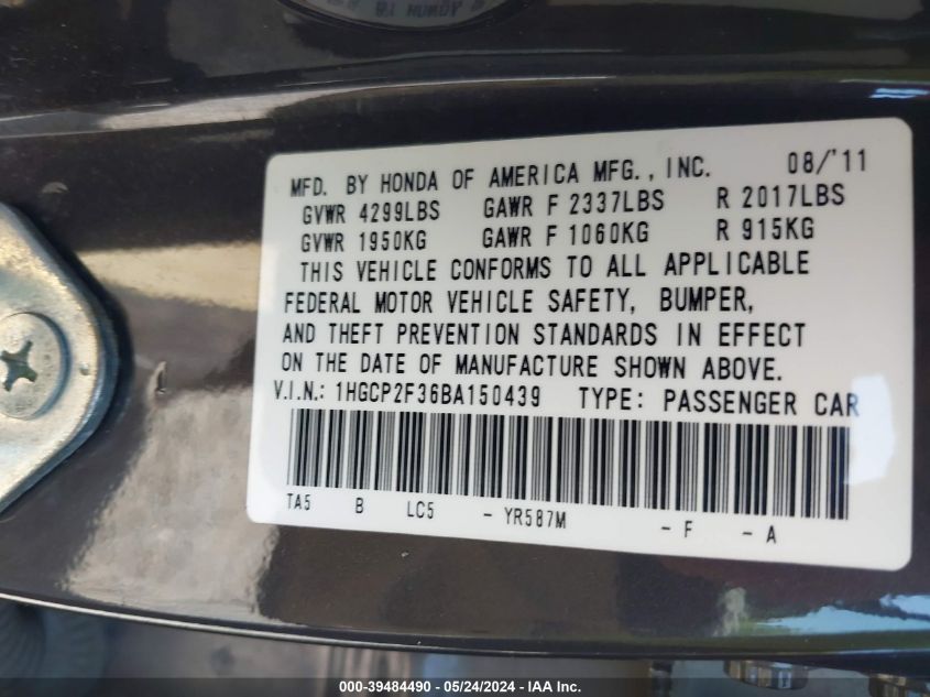 2011 Honda Accord 2.4 Lx VIN: 1HGCP2F36BA150439 Lot: 39484490