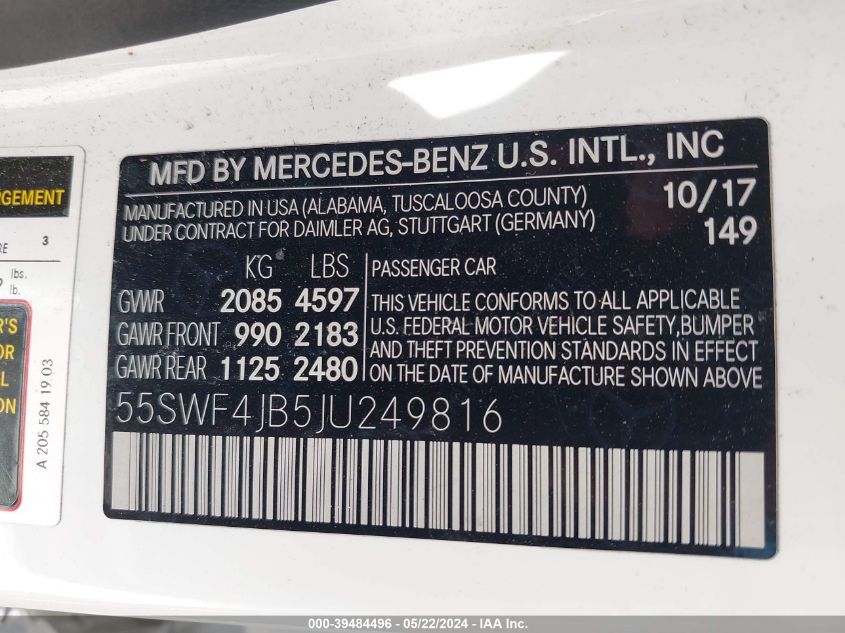 2018 Mercedes-Benz C 300 VIN: 55SWF4JB5JU249816 Lot: 39484496