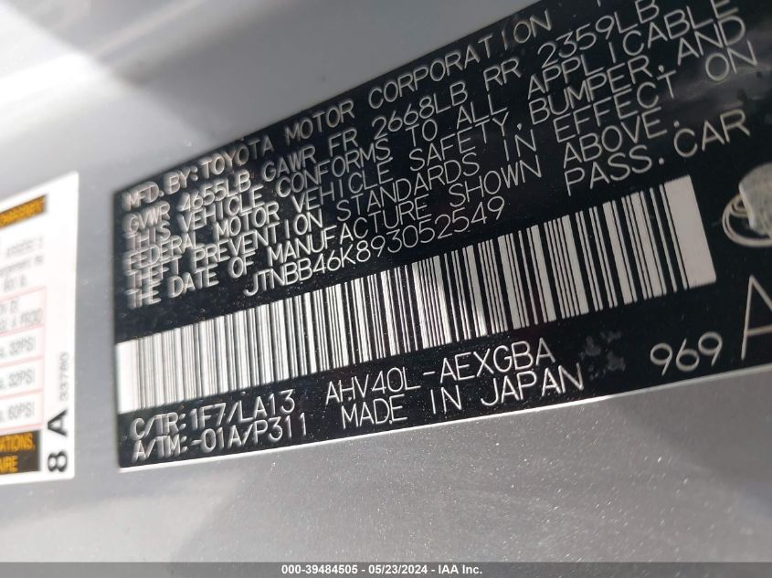 2009 Toyota Camry Hybrid VIN: JTNBB46K893052549 Lot: 39484505