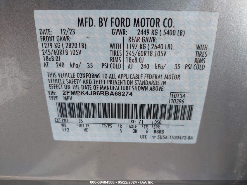 2024 Ford Edge Sel VIN: 2FMPK4J96RBA68274 Lot: 39484506