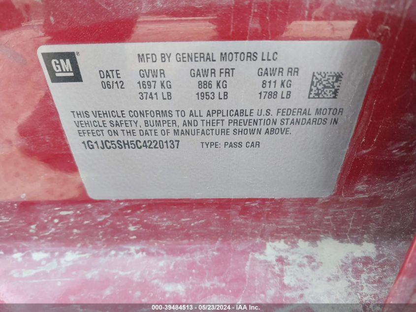 2012 Chevrolet Sonic 2Lt VIN: 1G1JC5SH5C4220137 Lot: 39484513