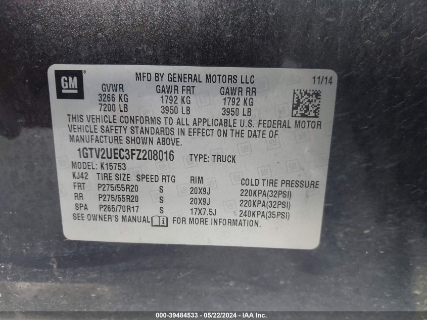 2015 GMC SIERRA 1500 SLE - 1GTV2UEC3FZ208016