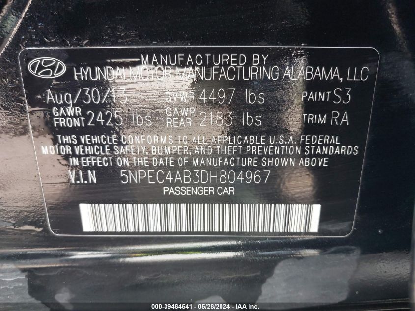 2013 Hyundai Sonata Limited 2.0T VIN: 5NPEC4AB3DH804967 Lot: 39484541