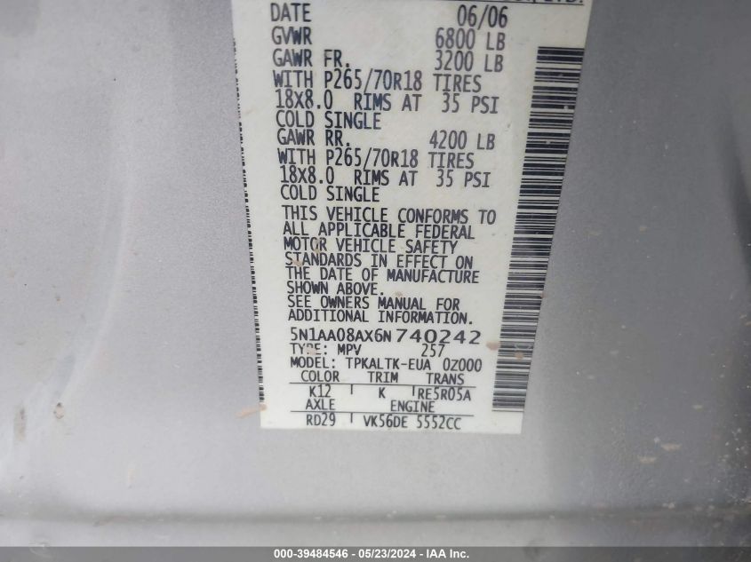 2006 Nissan Armada Se VIN: 5N1AA08AX6N740242 Lot: 39484546