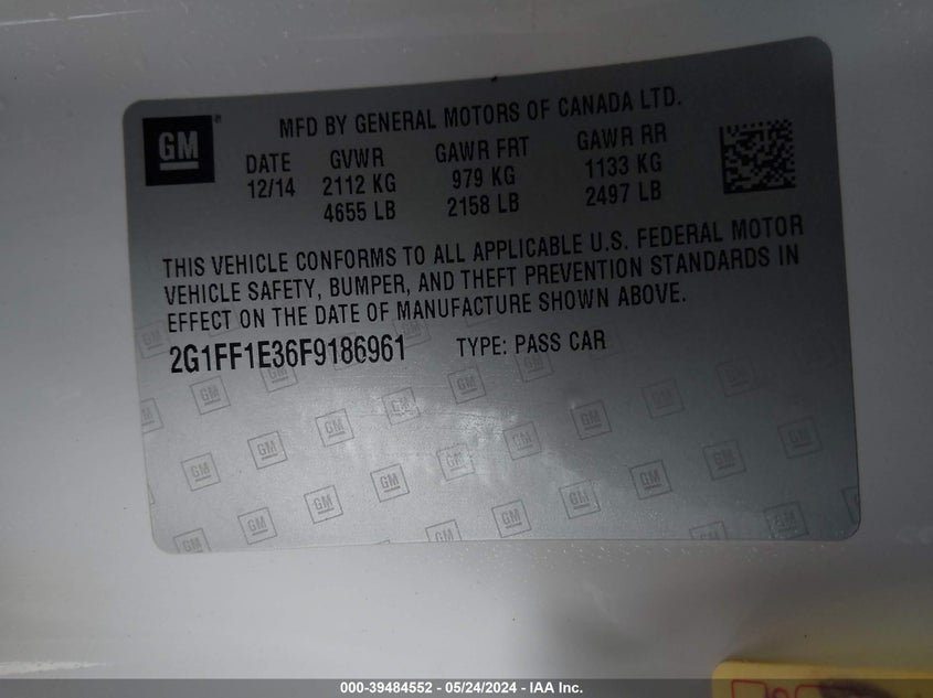 2015 Chevrolet Camaro 2Lt VIN: 2G1FF1E36F9186961 Lot: 39484552