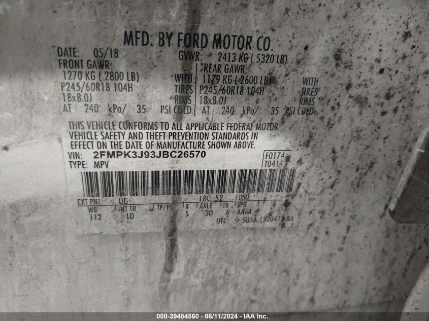 2018 Ford Edge Sel VIN: 2FMPK3J93JBC26570 Lot: 39484560