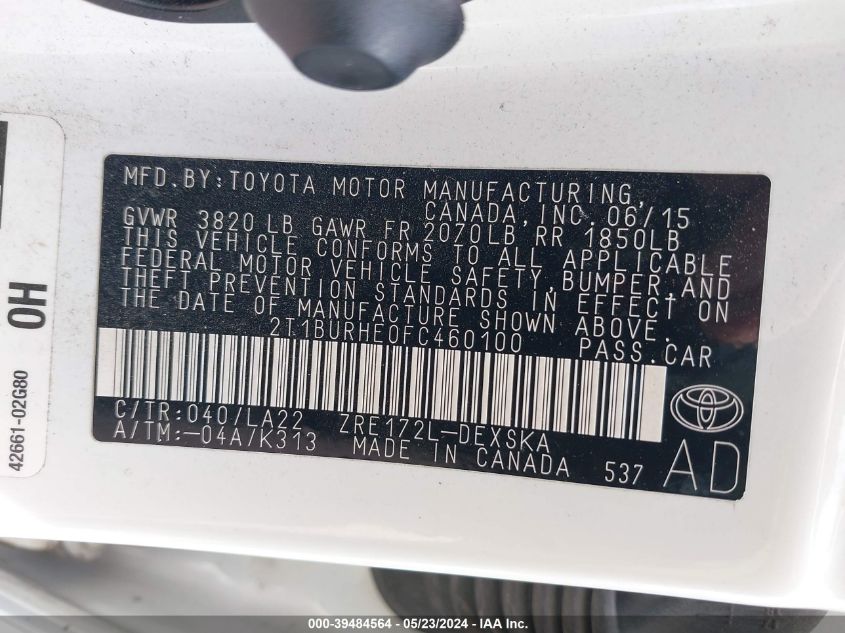 2015 Toyota Corolla S Premium VIN: 2T1BURHE0FC460100 Lot: 39484564