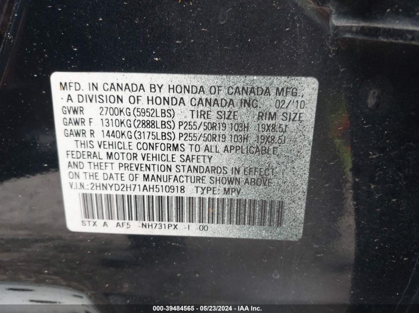 2010 Acura Mdx Advance Package VIN: 2HNYD2H71AH510918 Lot: 39484565