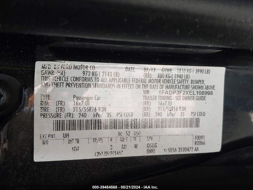 2014 FORD FOCUS SE - 1FADP3F2XEL108998