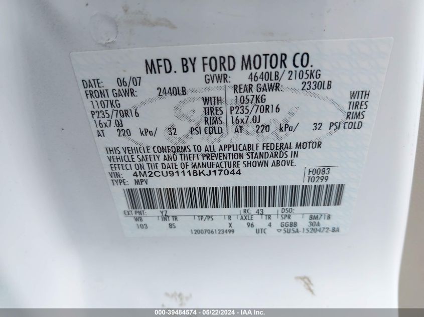 2008 Mercury Mariner V6 VIN: 4M2CU91118KJ17044 Lot: 39484574