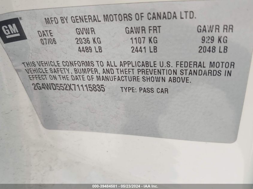 2007 Buick Lacrosse Cxl VIN: 2G4WD552X71115835 Lot: 39484581