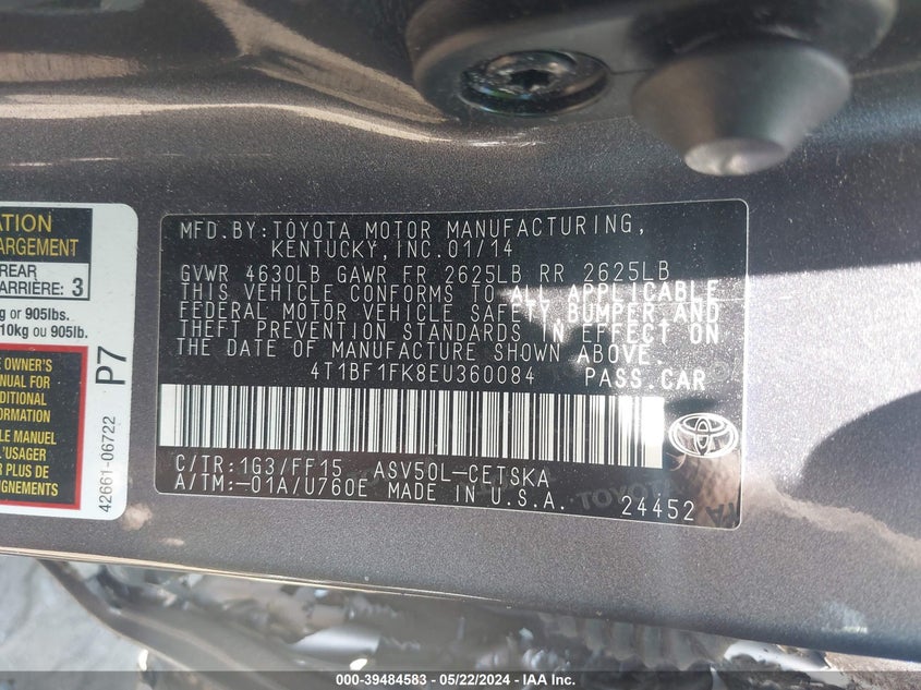 2014 Toyota Camry Se VIN: 4T1BF1FK8EU360084 Lot: 39484583
