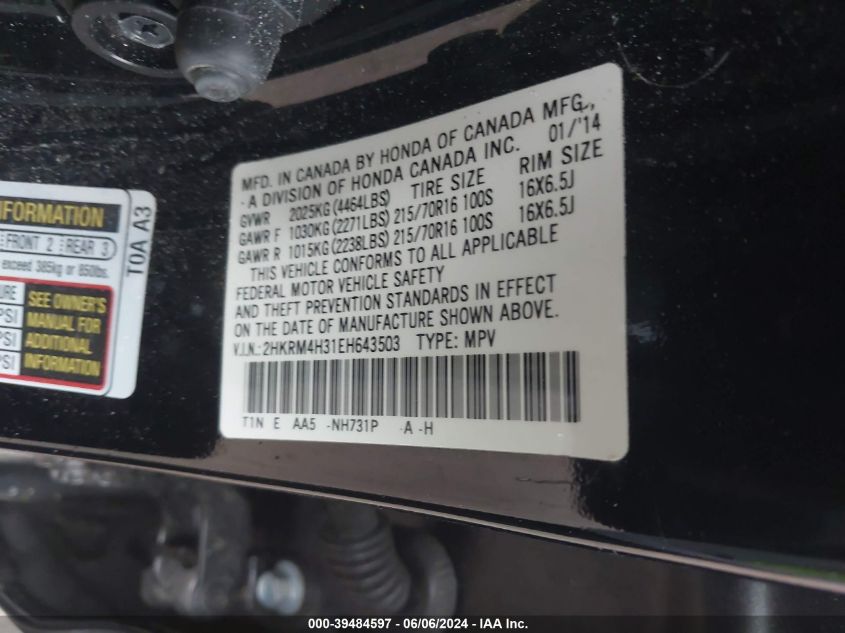 2014 Honda Cr-V Lx VIN: 2HKRM4H31EH643503 Lot: 39484597