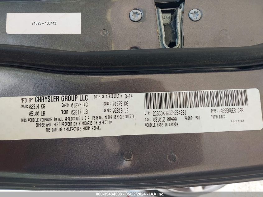 2014 Dodge Charger Sxt 100Th Anniversary VIN: 2C3CDXHG9EH254261 Lot: 39484598