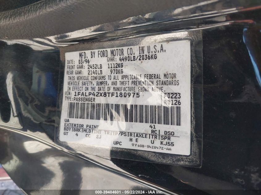 1996 Ford Mustang Gt VIN: 1FALP42X8TF180975 Lot: 39484601