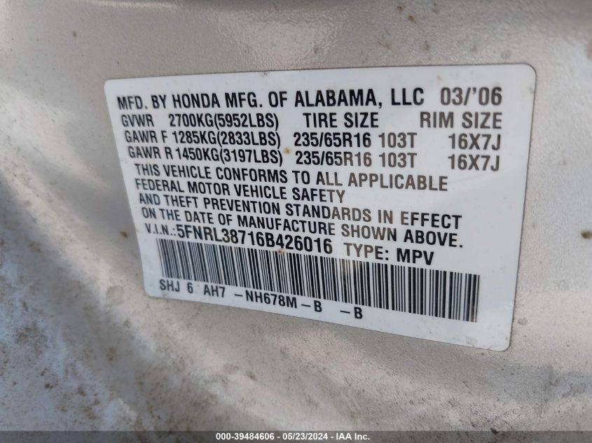 2006 Honda Odyssey Ex-L VIN: 5FNRL38716B426016 Lot: 39484606