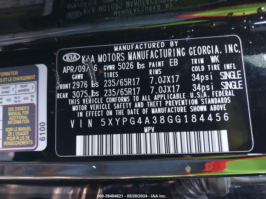 2016 Kia Sorento 2.4L L VIN: 5XYPG4A38GG184456 Lot: 39484621