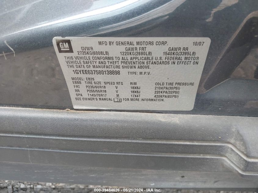 2008 Cadillac Srx V6 VIN: 1GYEE637580138898 Lot: 39484626