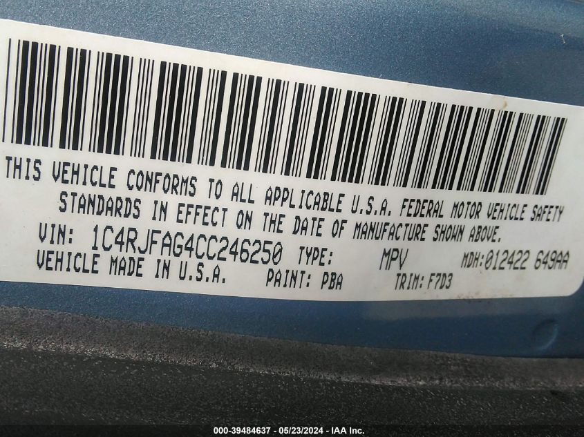2012 Jeep Grand Cherokee Laredo VIN: 1C4RJFAG4CC246250 Lot: 39484637