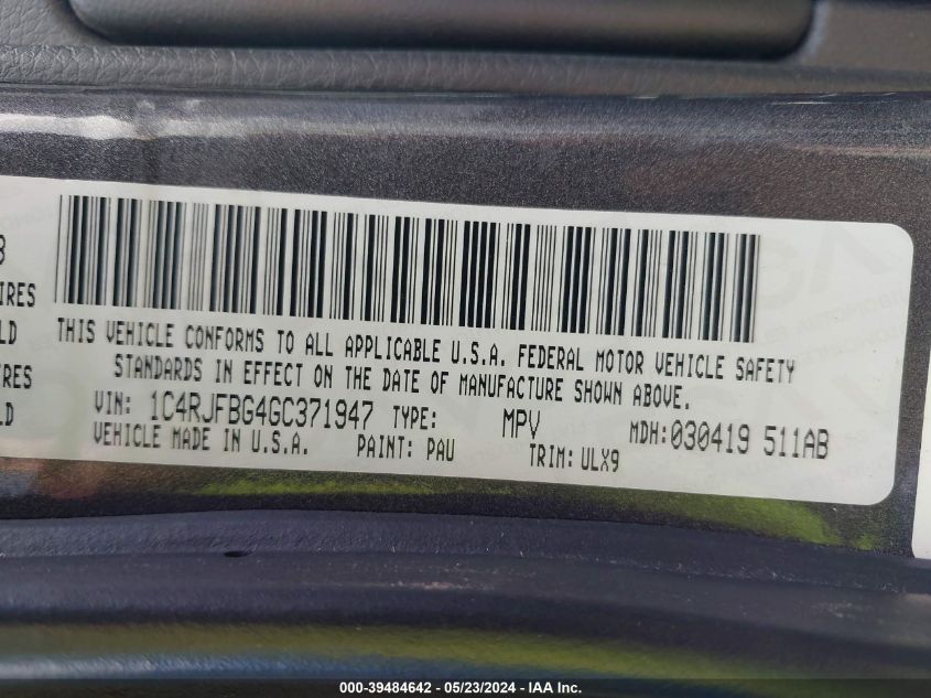 2016 Jeep Grand Cherokee Limited VIN: 1C4RJFBG4GC371947 Lot: 39484642