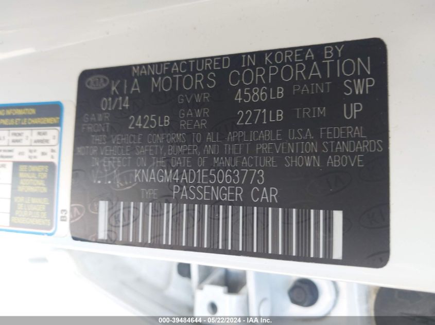 2014 Kia Optima Hybrid Lx VIN: KNAGM4AD1E5063773 Lot: 39484644