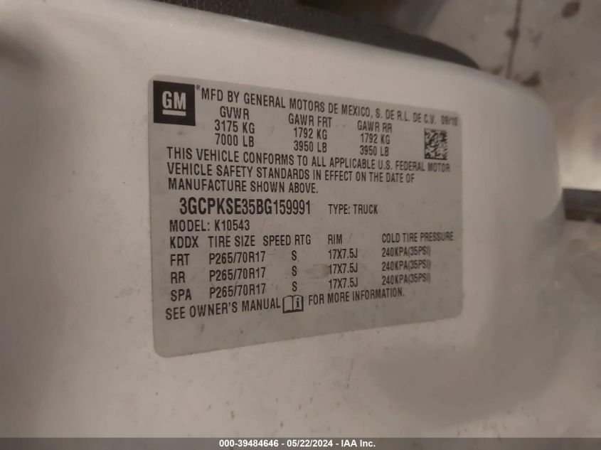 2011 Chevrolet Silverado 1500 Lt VIN: 3GCPKSE35BG159991 Lot: 39484646