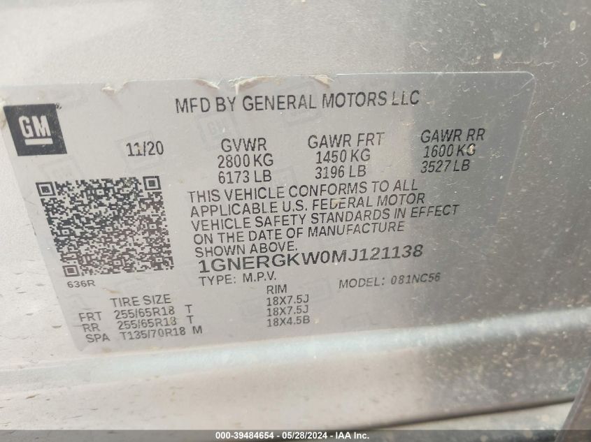 2021 Chevrolet Traverse Fwd Lt Cloth VIN: 1GNERGKW0MJ121138 Lot: 39484654