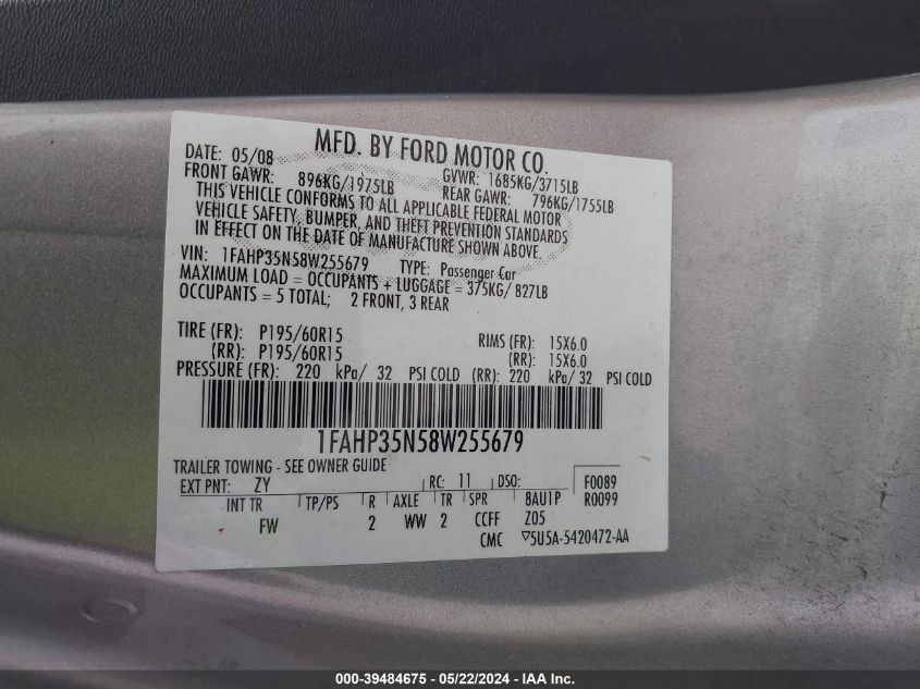 1FAHP35N58W255679 | 2008 FORD FOCUS