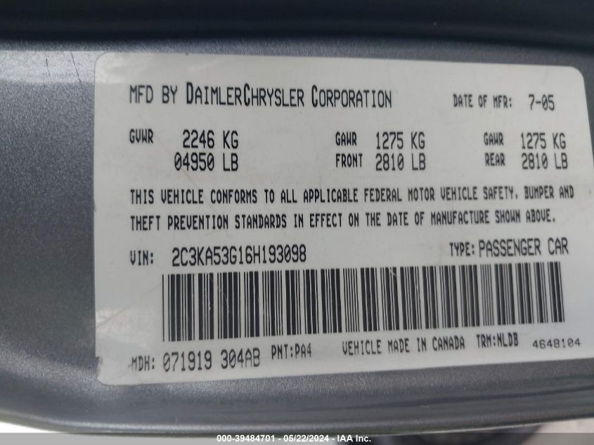 2006 Chrysler 300 Touring VIN: 2C3KA53G16H193098 Lot: 39484701