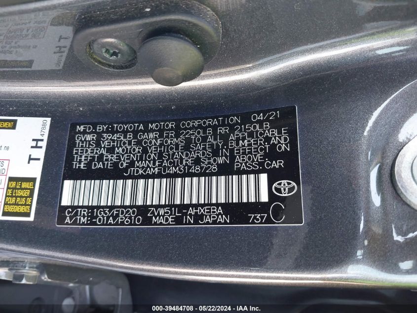 2021 Toyota Prius Le VIN: JTDKAMFU4M3148728 Lot: 39484708