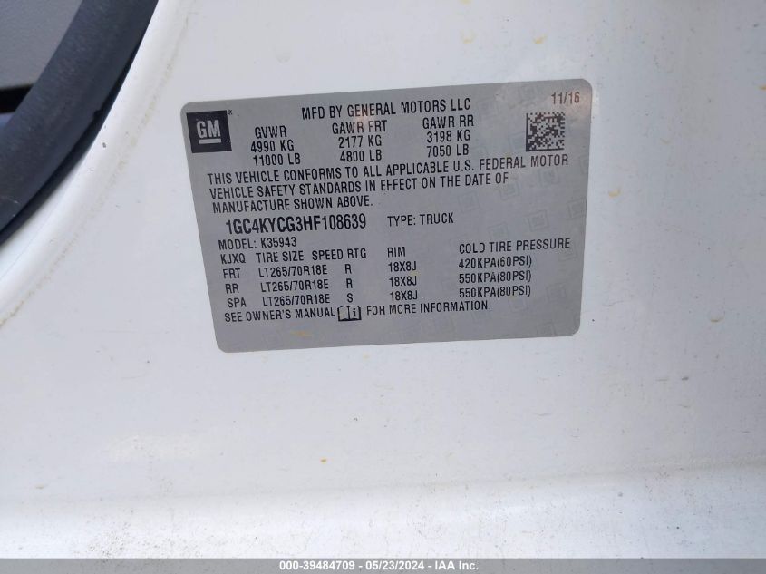 2017 Chevrolet Silverado 3500Hd Wt VIN: 1GC4KYCG3HF108639 Lot: 39484709