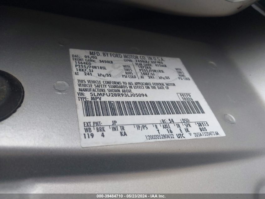 2003 Lincoln Navigator VIN: 5LMFU28R93LJ05094 Lot: 39484710