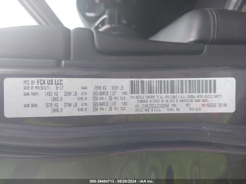 2018 Jeep Grand Cherokee Limited 4X4 VIN: 1C4RJFBG3JC162240 Lot: 39484713