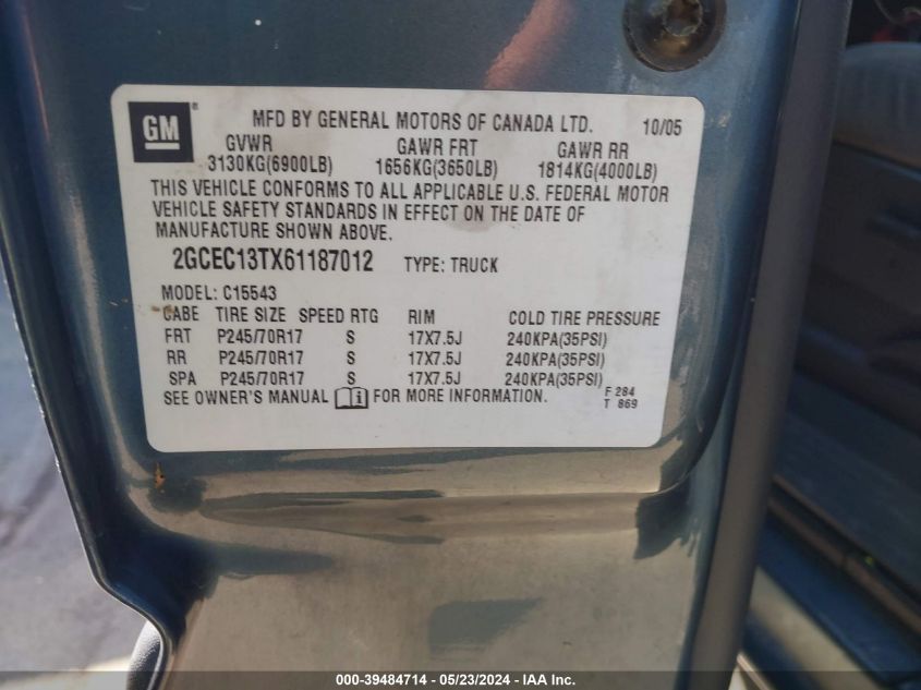 2006 Chevrolet Silverado 1500 Lt1 VIN: 2GCEC13TX61187012 Lot: 39484714